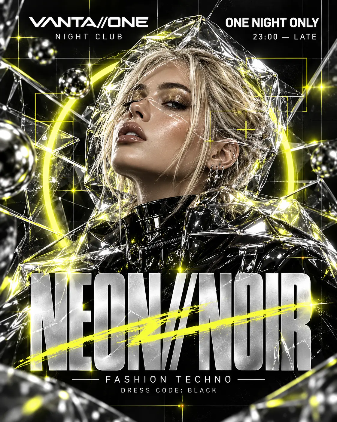 Neon Noir one-night-only fashion techno event poster
